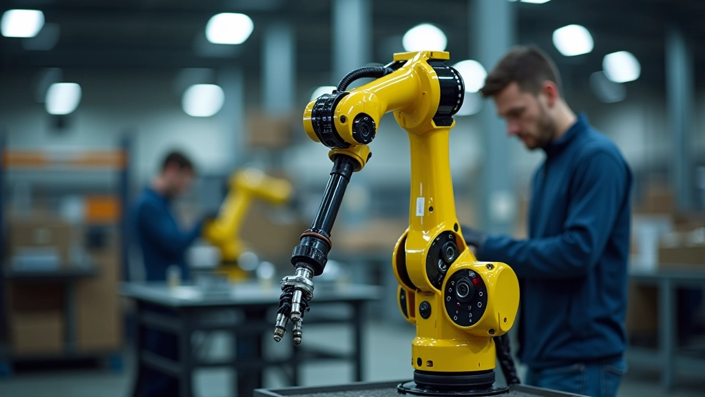 Sadarbības robots rūpniecības vidē, darbojoties ar montāžas uzdevumiem uz industriālas darba stacijas