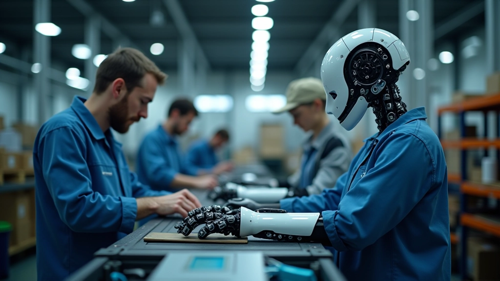 Mūsdienu rūpniecības vide ar robotiem un cilvēkiem, kas strādā kopā pie montāžas līnijas