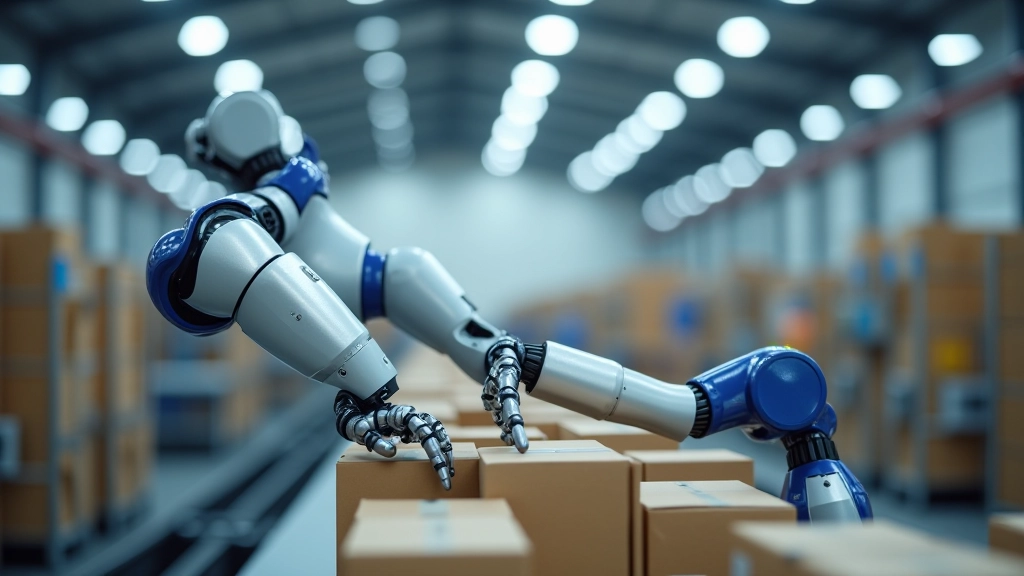 Robota roku sistēma, kas precīzi paņem un pakrauj kastītes uz konveijera sistēmas