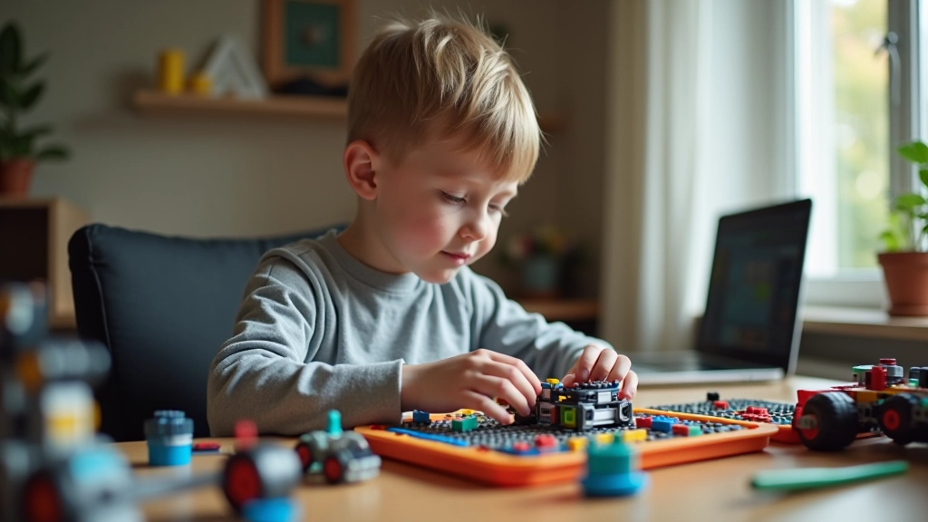 Bērns ar datorprogrammējamu robotu komplektu, iemācoties programmēšanu caur spēli un praksi